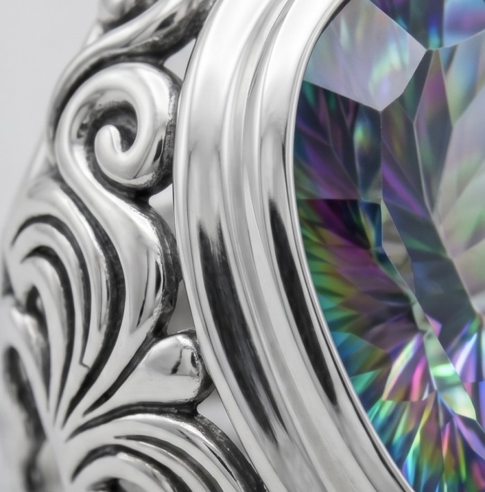 Big Dreamer 29.8 carat Mystic Topaz .925 Sterling Silver handcrafted Large ring size 8 - Close-up of carved setting and gemstone of Mystic Topaz silver ring