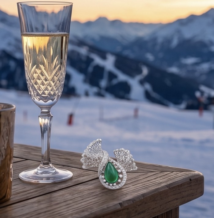 Black Label Collection - Retro Style - Genuine 10.5 carat Colombian Emerald .925 Sterling Silver handmade Brooch - Champagne flute and jewelry with green gem on snowy mountain backdrop.