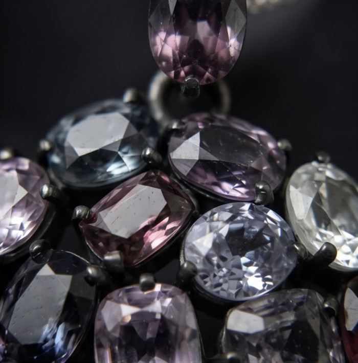 Colors of the Earth Precious Multigem .925 Sterling Silver dipped in black rhodium Pendant - Close-up of multicolored gemstones on sterling silver jewelry piece.