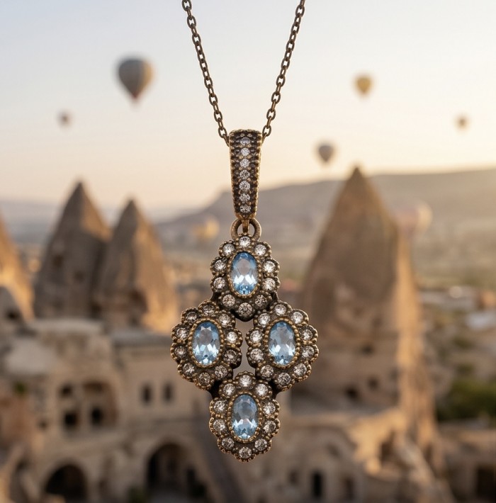 Victorian Style oval cut 4.5 carat London Blue Topaz .925 Sterling Silver handmade Pendant - Victorian-style blue topaz pendant close-up against balloon-filled sky