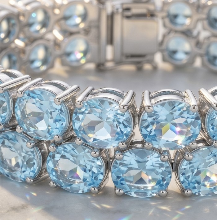 Tiffany - Magnificent 112.5 carat Swiss Blue Topaz .925 Sterling Silver handcrafted Heavy Bracelet - Close-up of Swiss Blue Topaz stones in .925 silver bracelet.