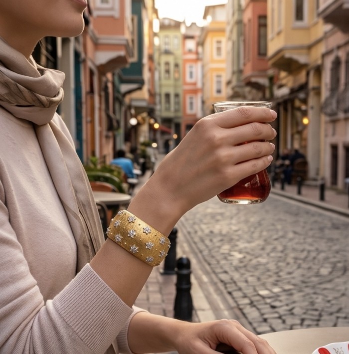 Byzantine design Authentic White Topaz 18K Gold over .925 Sterling Silver handcrafted Bracelet / Cuff - Wrist view of Byzantine design gold bracelet worn, holding a tea glass.
