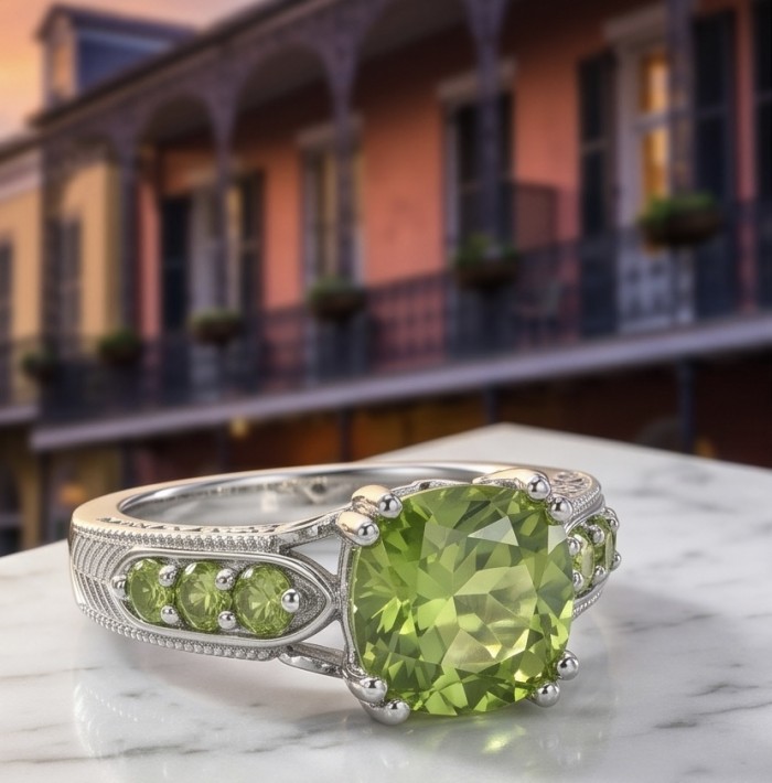Royalty 4.9 carat authentic Himalayan Peridot .925 Sterling Silver Handcrafted Statement Ring size 8 - Close-up of a Himalayan Peridot ring in sterling silver, cushion-cut stone.