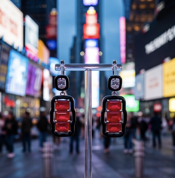 Art Deco - 8.5 carat Ruby enamel .925 Sterling Silver handcrafted incredible earrings - Close-up of Art Deco ruby earrings on display in urban setting.