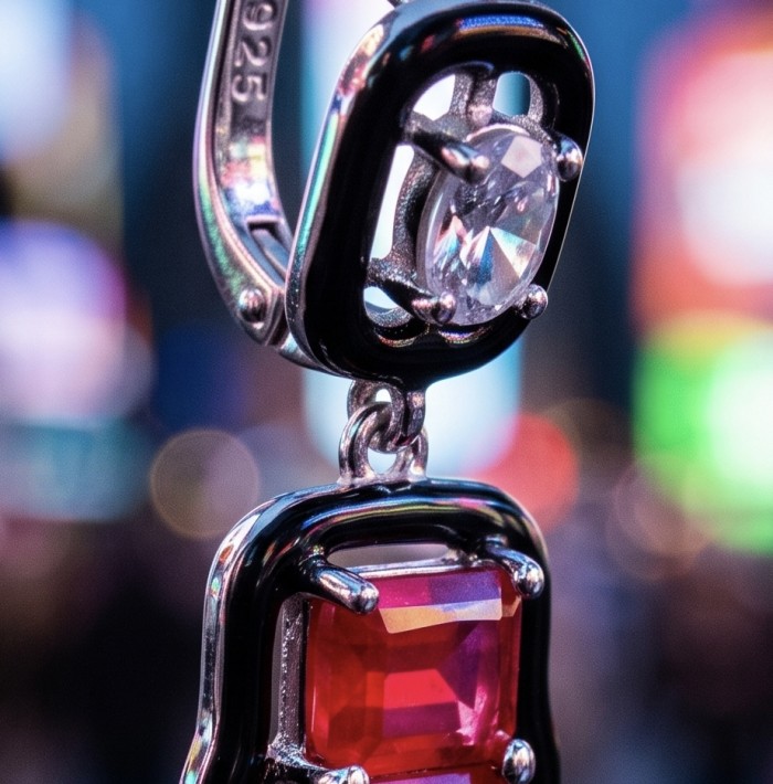 Art Deco - 8.5 carat Ruby enamel .925 Sterling Silver handcrafted incredible earrings - Close-up of Art Deco ruby and diamond earrings in sterling silver.