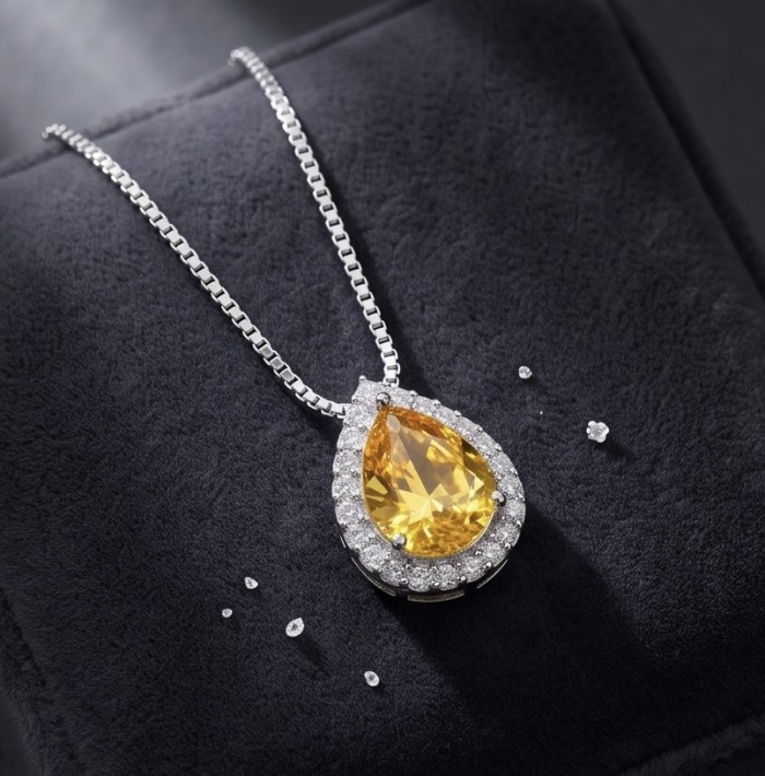 Angel Whisper Necklace ~ 9.7 Ct Yellow Sapphire Necklace In 925 Sterling Silver necklace - Yellow sapphire necklace with diamond halo on black velvet background.