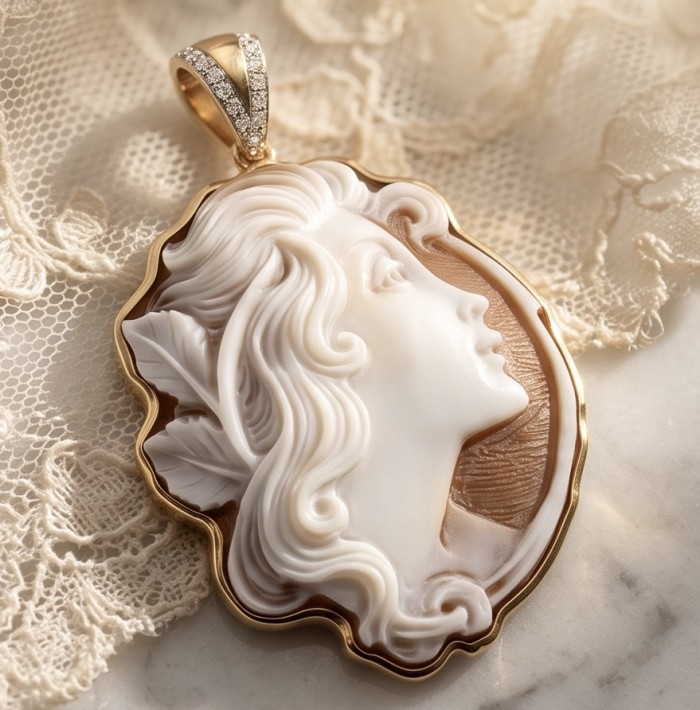 Dancing with the wind - vintage style Real Shell Cameo .925 Sterling Silver DIPPED IN RHODIUM handcrafted Made in Italy Statement pendant - Close-up of vintage shell cameo pendant on lace background