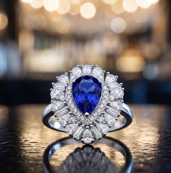 Julietta 4.5 carat Sapphire .925 Sterling Silver handmade Statement ring size 5 - Close-up of Julietta 4.5 carat Sapphire ring on reflective surface