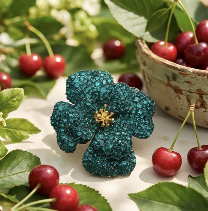 Retro Style - Precious Rose Genuine 22.5 carat Colombian Emerald black rhodium over .925 Sterling Silver handmade Pendant - Brooch - Close-up of gemstone flower brooch with cherries and leaves.