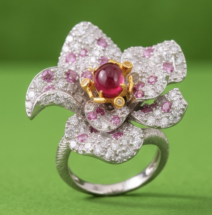 Giovanna 3.6 carat Kashmir Ruby .925 Sterling Silver dipped in 22K Gold handmade Statement Ring size 6 1/2 - Floral ring with ruby and diamonds, close-up on green background