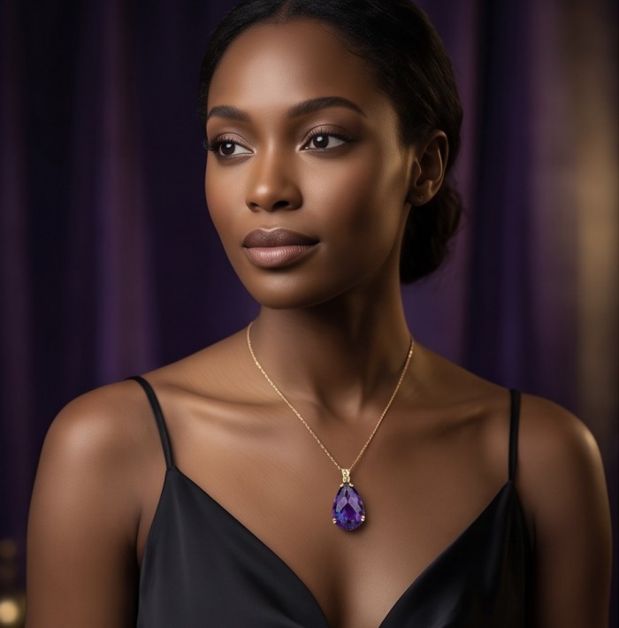 Mademoiselle - 18.5 carat natural Amethyst .925 Sterling Silver dipped in 22K White Gold handcrafted Pendant - Model wearing Mademoiselle necklace with 18.5 carat amethyst.