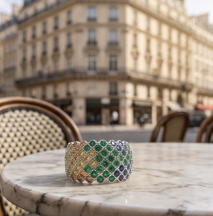 My own Rainbow - authentic 8.7 carat multigem .925 Sterling Silver Eternity Ring size 6 - Colorful gemstone bracelet on a marble table in a city setting.