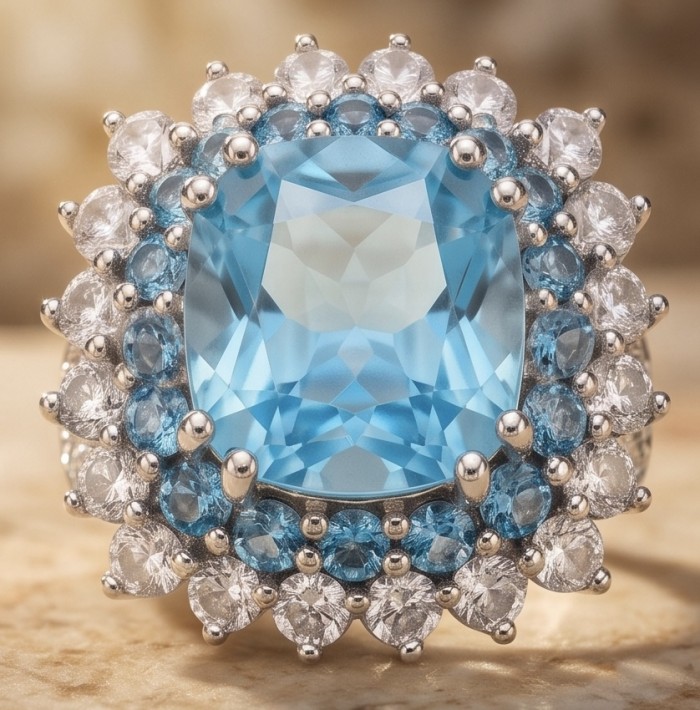 Aqua 8.5 carat Swiss Blue Topaz 22K Gold over .925 Sterling Silver dipped in rhodium handcrafted ring size 5 - Close-up of 8.5 carat Swiss Blue Topaz ring with halo setting.