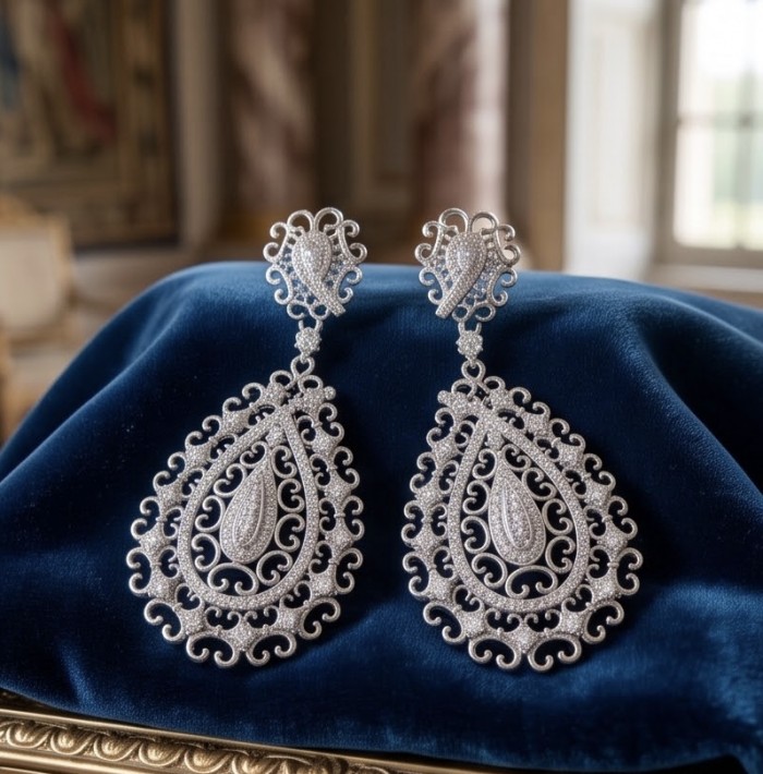 The Renaissance Natural 3.5 carat White Topaz .925 Sterling Silver handcrafted earrings - Elegant white topaz earrings on display, front view on velvet.