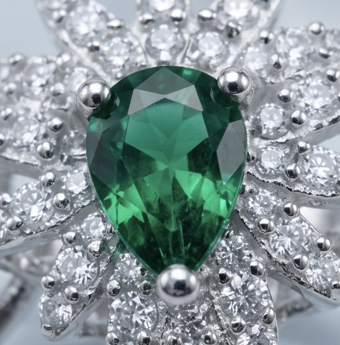 Estelle - Authentic 1.9 carat COLOMBIAN EMERALD rhodium over .925 Sterling Silver handcrafted Ring size 7 - Close-up of Estelle Colombian emerald and diamond jewelry design.