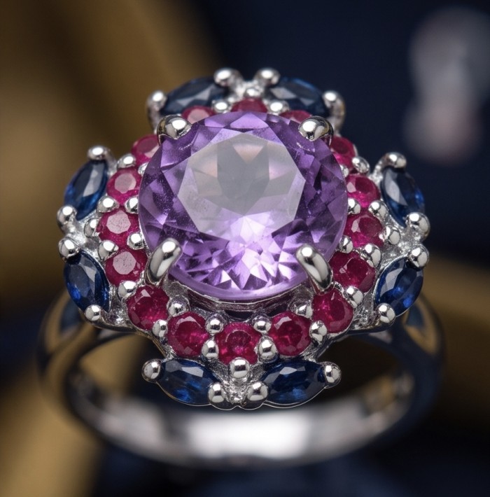 Stella 5.4 carat Amethyst rhodium over .925 Sterling Silver Handcrafted Ring size 8 - Close-up of Stella amethyst ring with ruby and sapphire accents