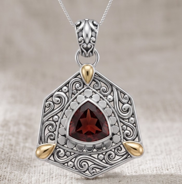 Vintage Beauty 5.9 carat genuine Garnet rhodium over 2 tones .925 Sterling Silver handcrafted pendant - Vintage style garnet pendant close-up with intricate silver design