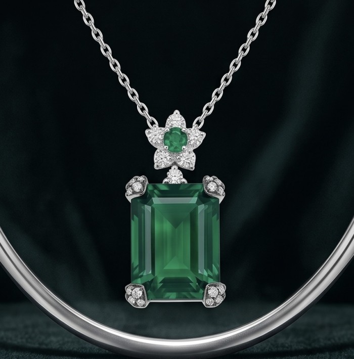 Tiffany - Authentic 24.5 CARAT Chrome Diopside .925 Sterling Silver handcrafted necklace - Close-up of emerald-cut pendant with diamond accents, chain visible