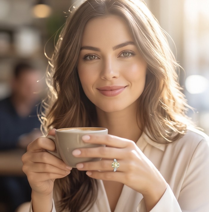 Vivien - Natural 8. 2 carat Citrine .925 Sterling Silver dipped rhodium handcrafted Statement ring; s. 7 - Woman holding coffee wearing Vivien citrine ring on hand.