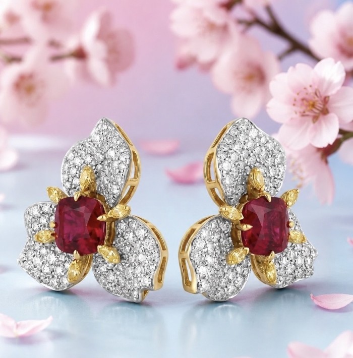 Exotica - authentic 7.9 carat Brazilian Garnet 2 tones .925 Sterling Silver dipped in rhodium handcrafted earrings - Close-up of Exotica earrings with Brazilian garnet and diamond accents.