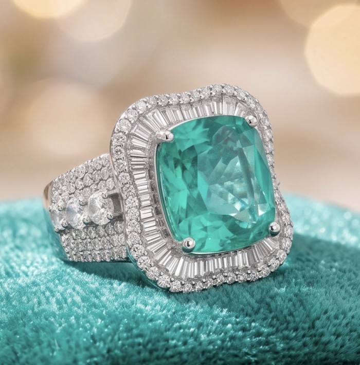 Elizabeth 14.4 carat Colombian Emerald .925 Sterling Silver dipped in Rhodium handcrafted Ring size 8 1/4 - Close-up of Elizabeth 14.4 ct Colombian Emerald in sterling silver setting.