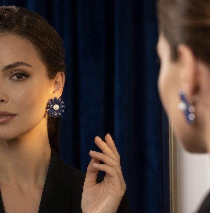 Blue Flowers - 10.8 carat mystery setting Sapphire .925 Sterling Silver handmade Statement Earrings - Woman wearing Blue Flowers sapphire earrings in front of mirror.
