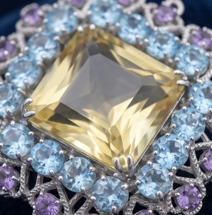 Serenity asscher cut 59.8 carat Champagne Smoky Topaz rhodium over .925 Sterling Silver MASSIVE Brooch Pendant - Stone close-up of Serenity cut champagne smoky topaz with blue gems
