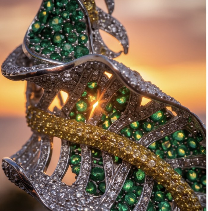 Precious Leaf - 9.5 carat Authentic Colombian Emerald pave 4.2 carat yellow Sapphire .925 Sterling Silver handcrafted Pendant and Brooch - Close-up of Precious Leaf jewelry with emerald and diamond pavé detailing.