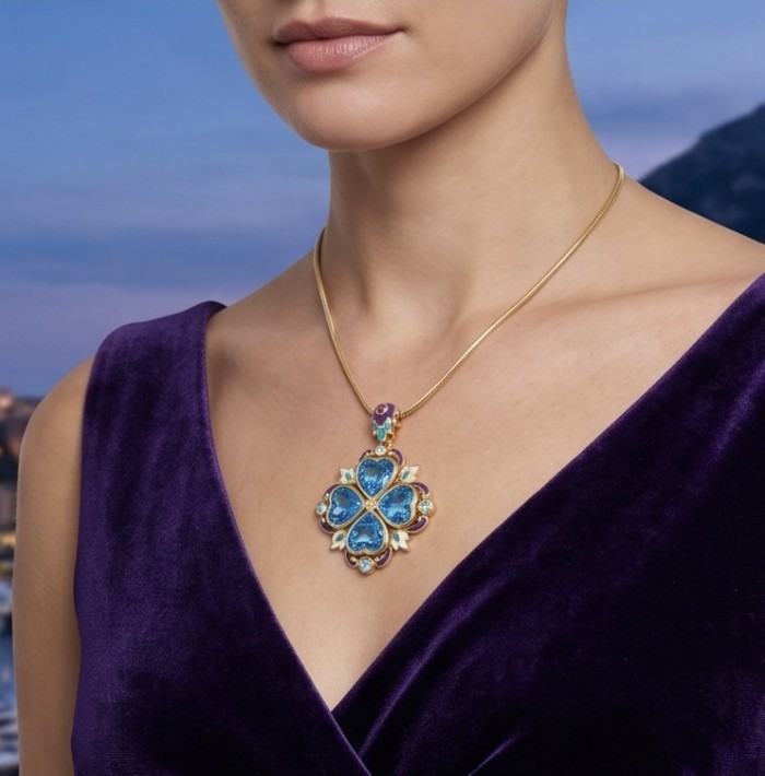 Countless Blessings Genuine 28.5 carat Authentic Swiss Blue Topaz real enamel 22K Gold over .925 Sterling Silver handmade Pendant - Elegant necklace worn on model, showcasing Countless Blessings pendant.