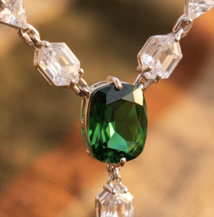 Giovanna - Authentic 7.5 CARAT natural Colombian Emerald .925 Sterling Silver handcrafted necklace - Emerald necklace close-up featuring 7.5 carat natural Colombian emerald.