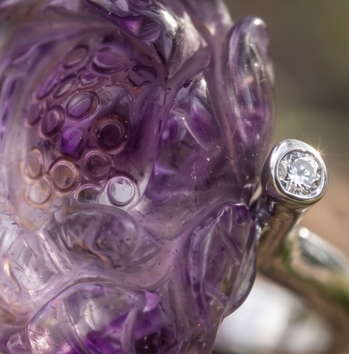 Carved Flower 15.5 carat natural Amethyst .925 Sterling Silver Handcrafted Ring size 8 1/4 - Close-up of carved amethyst flower with sterling silver and diamond detail
