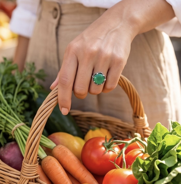Stella - Very Unique authentic 14.5 carat Jade .925 Sterling Silver handcrafted Ring s. 7 1/4 - Worn on hand, Stella 14.5 carat jade ring with vegetables in basket