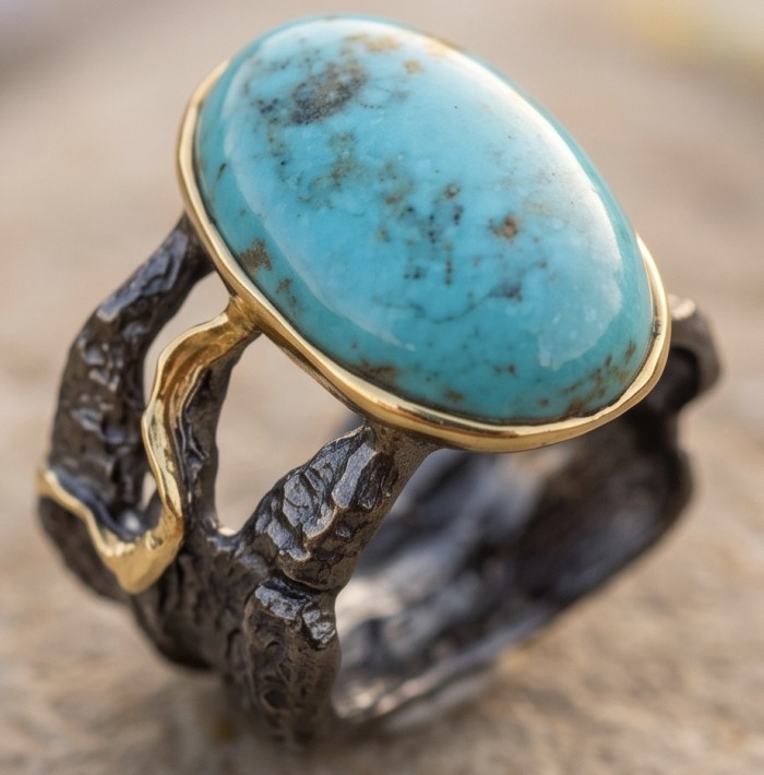 Rare authentic Turquoise black rhodium over .925 Sterling Silver 2 tones handcrafted Large ring; s. 7 1/2 - Close-up of rare turquoise ring with black rhodium sterling setting.