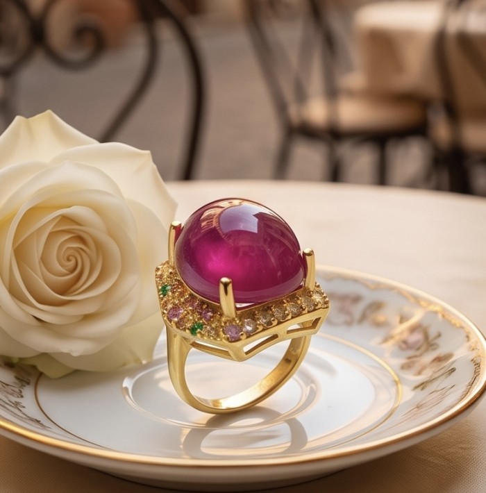Opera Genuine 28.5 CARAT Mozambique Ruby 22K Gold over .925 Sterling Silver Large Statement Ring size 7 - Side view of gold ring with large ruby, resting on a plate with a rose.