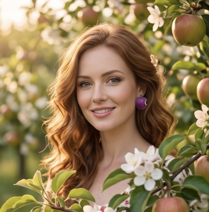 Apple - Authentic 5.5 CARAT natural pave Ruby .925 Sterling Silver dipped in rhodium handcrafted earrings - Ruby apple earrings worn, surrounded by apple blossoms in orchard.