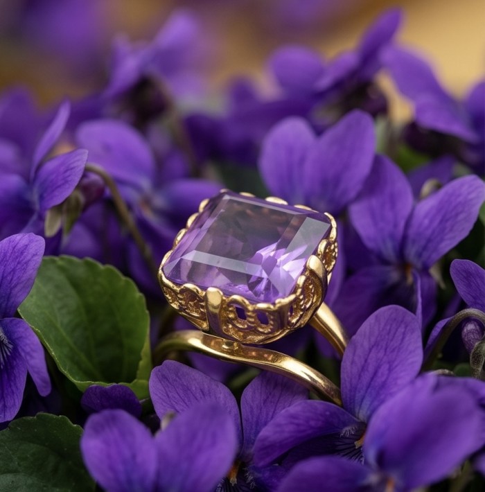 Peace 5.2 carat natural Amethyst 18K Rose Gold over .925 Sterling Silver Handcrafted Ring size 6 1/4 - Amethyst ring stone close-up among purple flowers.