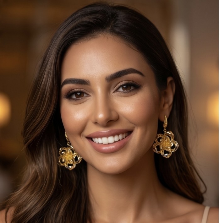 Golden Roses Dubai Style - .925 Sterling Silver dipped in 22K Gold handmade Earrings - Woman wearing Golden Roses earrings, front view.