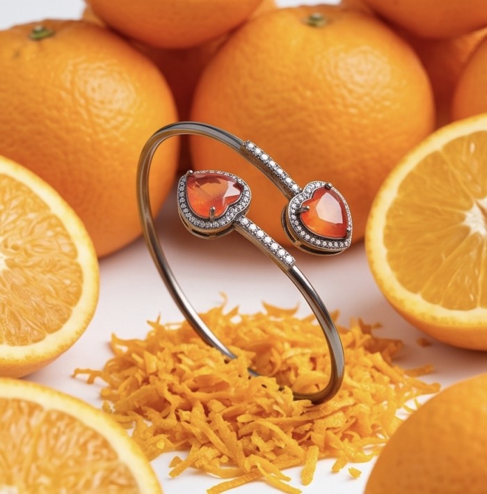 Two Hearts 10.8 carat White Topaz black rhodium over .925 Sterling Silver highly polished bracelet - Bracelet with heart-shaped stones, surrounded by oranges and zest