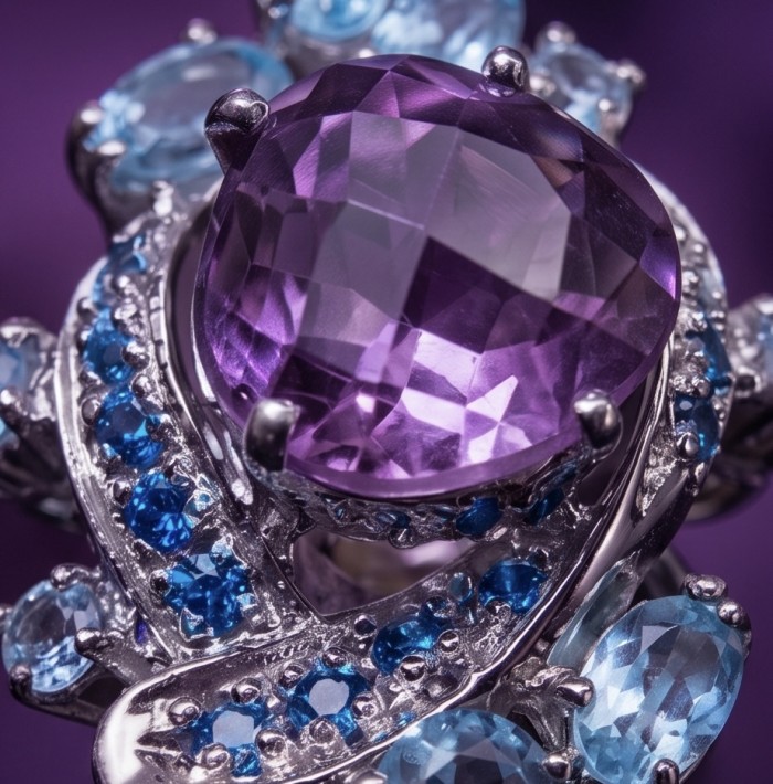 RARE BEAUTY! Valentina 15.9 carat Amethyst .925 Sterling Silver dipped in rhodium Statement Handcrafted Ring size 6 - Close-up of amethyst and blue stones in sterling silver setting.