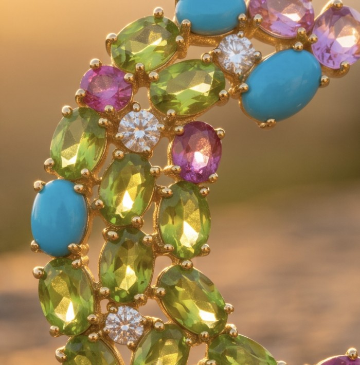 SERENADE Luxurious .9 carat authentic Himalayan Peridot .925 Sterling Silver dipped in 14K Gold Handcrafted Statement Earrings - Close-up of SERENADE earrings with Peridot, turquoise, and purple stones.
