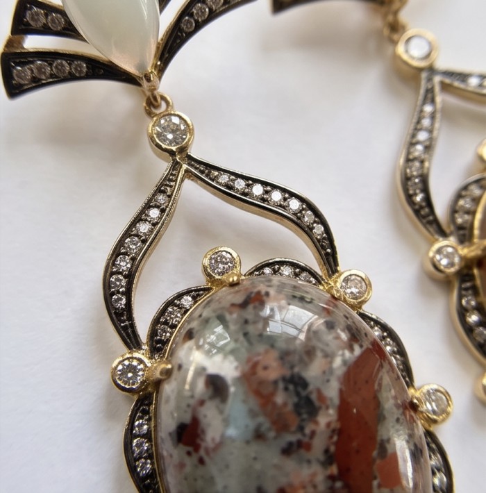 Morrisonite Jasper - "King of Jaspers" FROM OREGON .925 Sterling Silver dipped in 14K Gold handcrafted Statement Earrings - Stone close-up of Morrisonite Jasper with ornate gold and diamond setting.