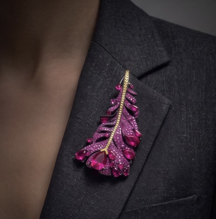 Magic Red Feather Large 10.8 carats Ruby .925 Sterling Silver DIPPED IN RHODIUM handmade Pendant - Brooch - Ruby feather brooch on lapel, highlighting 10.8 carat gems.