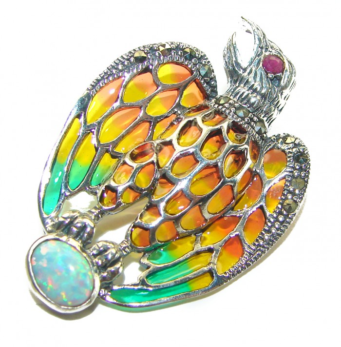 Natural Enamel Eagle .925 Sterling Silver Brooch Pendant - photo 2
