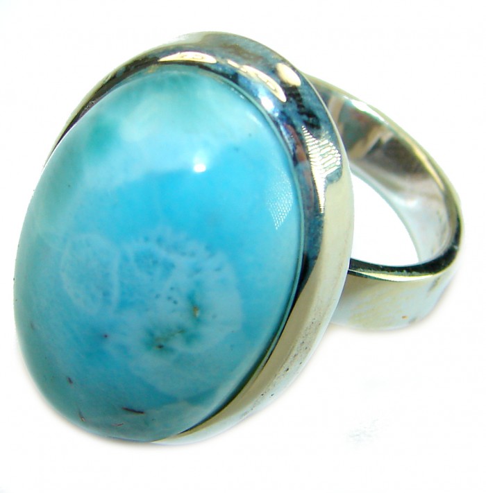 Captivating allure of Genuine AAAA Caribbean Larimar .925 Sterling Silver handcrafted STATEMENT ring size 7 adjustable - Close-up of genuine AAAA Caribbean Larimar ring in sterling silver setting
