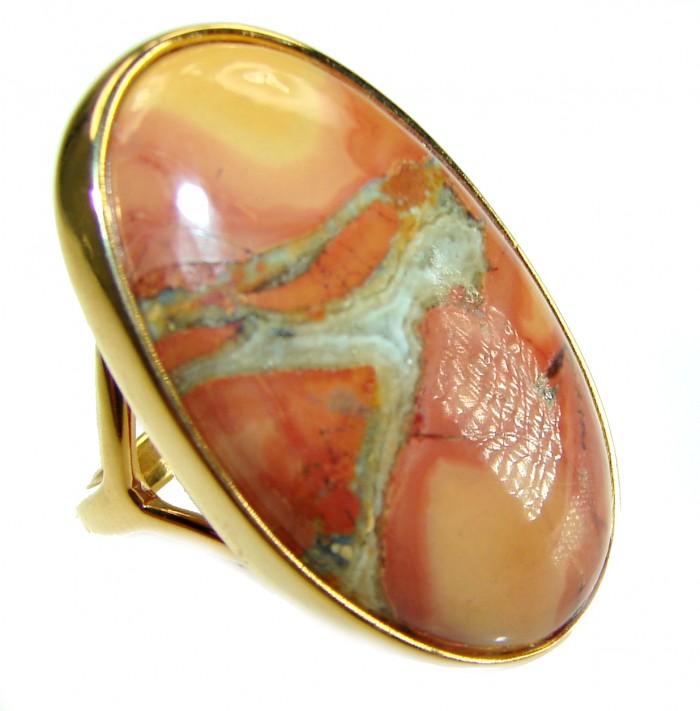Classy Style Excellent quality Maligano Jasper 14K Gold over .925 Sterling Silver handcrafted Ring s. 7 1/2 - Stone close-up of Maligano Jasper ring, 14K gold over.
