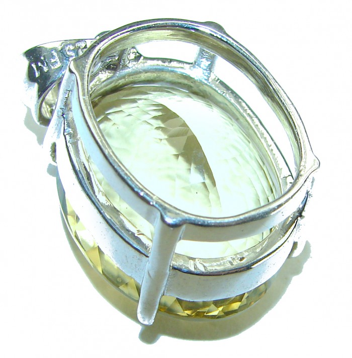 Perfection Oval cut 32.3 carat Lemon Quartz .925 Sterling Silver handcrafted LARGE pendant - Close-up of oval cut 32.3 carat lemon quartz in sterling silver setting.