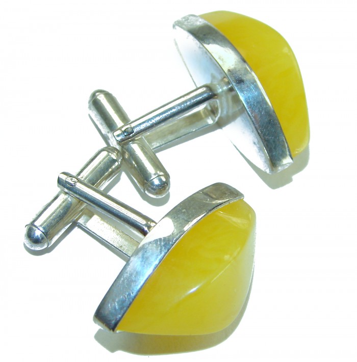 Amazing authentic Baltic Amber .925 Sterling Silver shirt cufflinks - Yellow amber cufflinks, side view, sterling silver accents