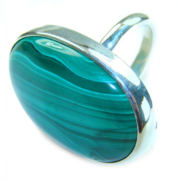 32.2 CARAT genuine Malachite .925 Sterling Silver handcrafted ring size 8 adjustable - Sterling silver malachite ring, close-up of stone and band.