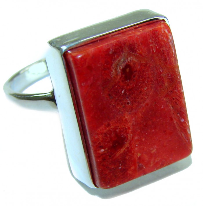 Bochic Style Natural Fossilized Coral .925 Sterling Silver handmade ring s. 10 - Close-up of Bochic natural fossilized coral ring in sterling silver.