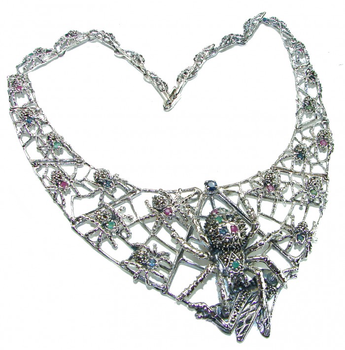 LARGE One of the kind Hunting Spiders Colombian Emerald Ruby Sapphire .925 Sterling Silver handmade necklace - Intricate spider web necklace with emerald and ruby stones, top view.